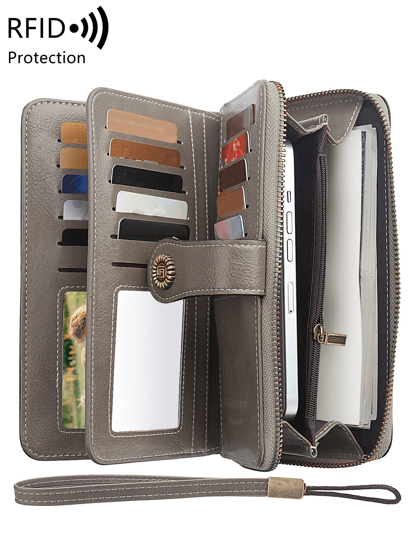 RFID Retro Three Fold Large Capacity Long Wallet Fashionable Solid Color Women's Wallet Multifunctional Zipper Buckle Wallet