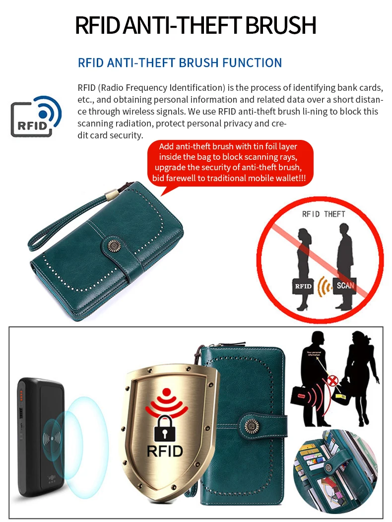 RFID Retro Three Fold Large Capacity Long Wallet Fashionable Solid Color Women's Wallet Multifunctional Zipper Buckle Wallet