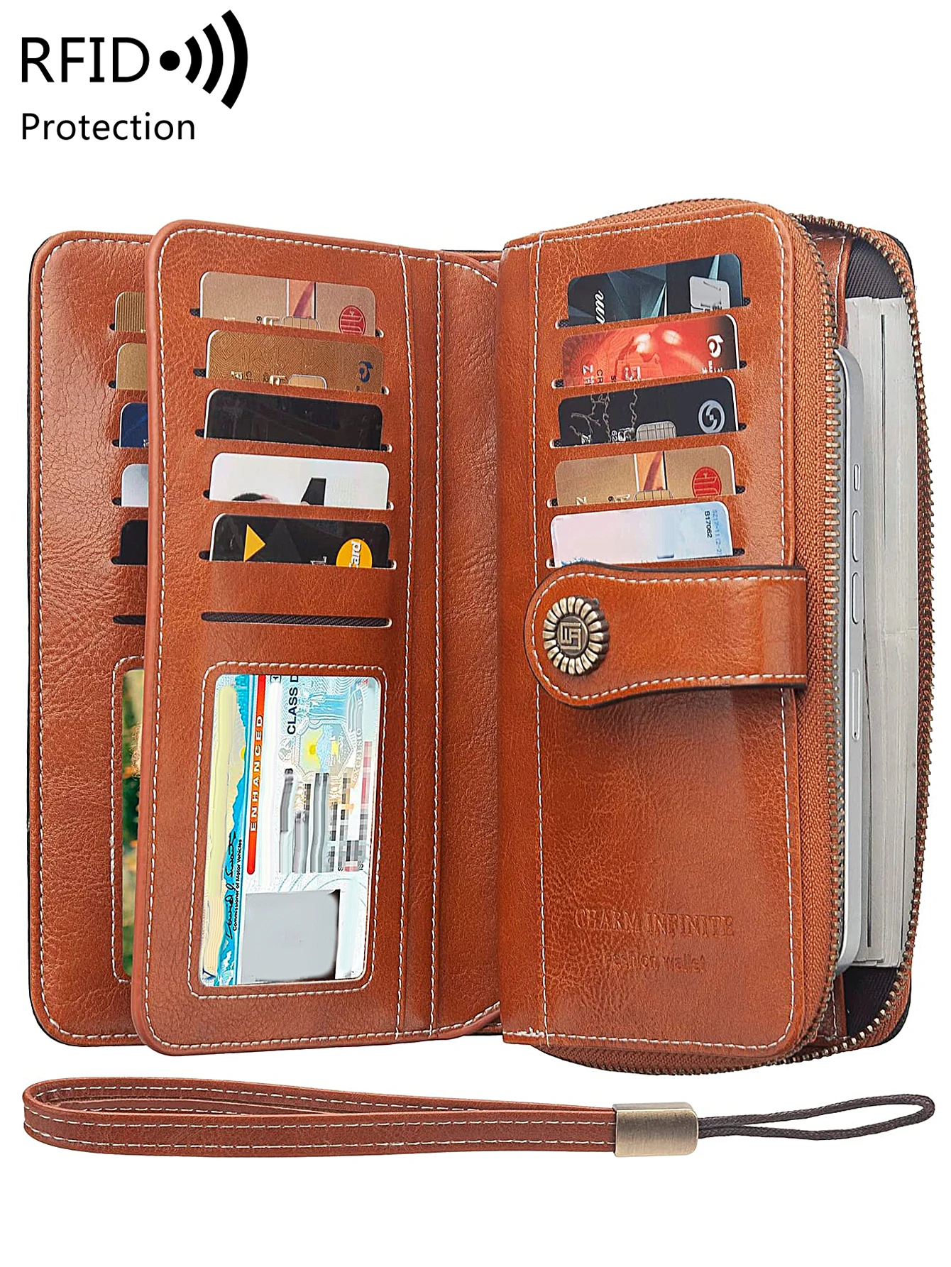 RFID Retro Three Fold Large Capacity Long Wallet Fashionable Solid Color Women's Wallet Multifunctional Zipper Buckle Wallet