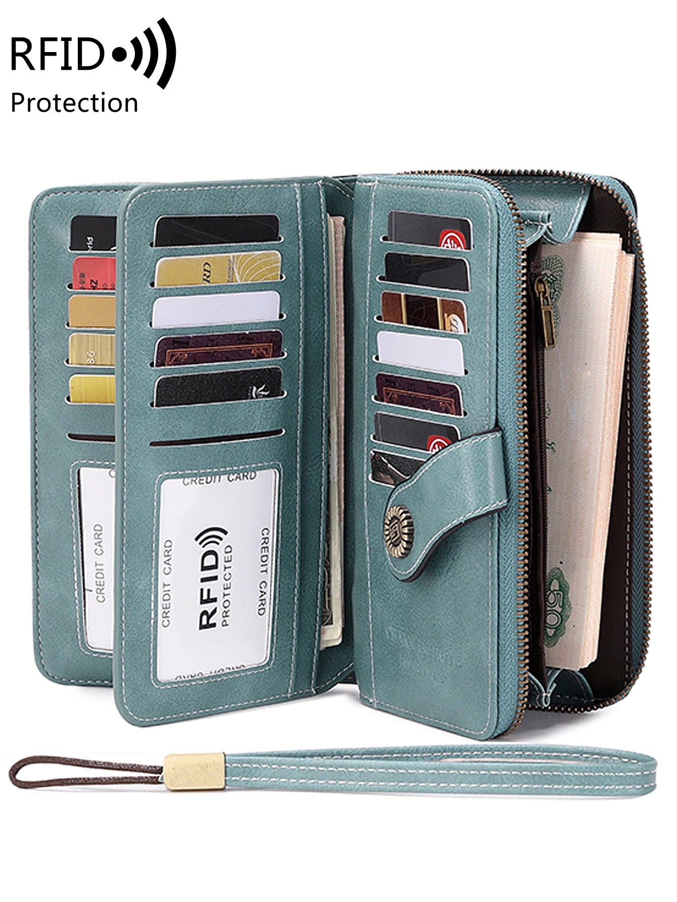 RFID Retro Three Fold Large Capacity Long Wallet Fashionable Solid Color Women's Wallet Multifunctional Zipper Buckle Wallet