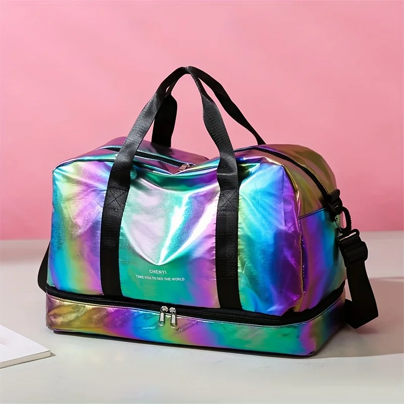Large Capacity Holographic Travel Duffel Bag Lightweight Nylon Weekender Tote for Gym Sports Overnight Trips