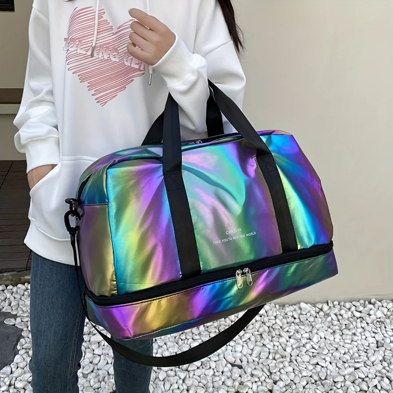 Large Capacity Holographic Travel Duffel Bag Lightweight Nylon Weekender Tote for Gym Sports Overnight Trips