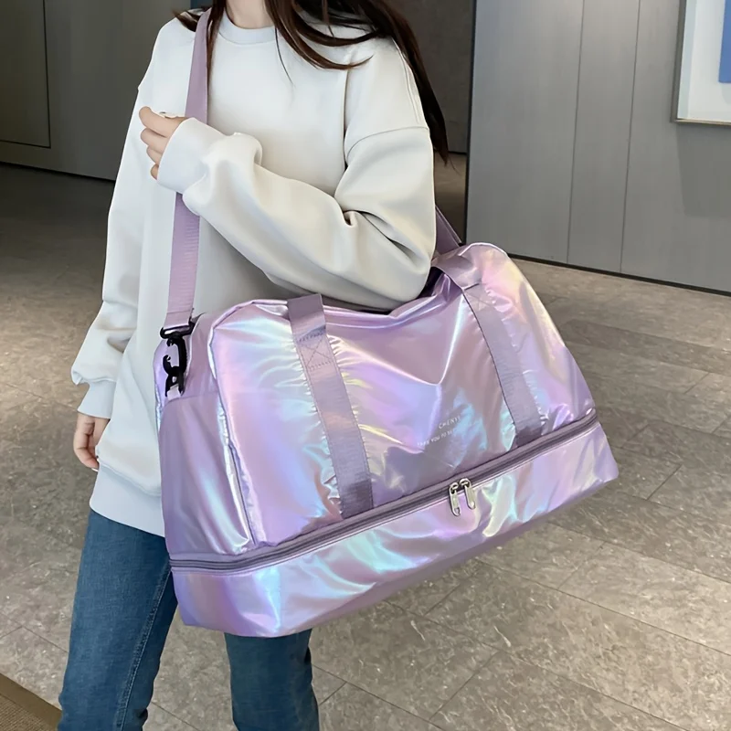 Large Capacity Holographic Travel Duffel Bag Lightweight Nylon Weekender Tote for Gym Sports Overnight Trips