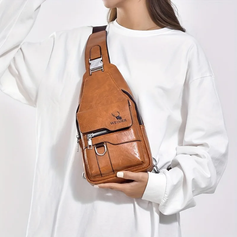 1pcs Vintage Waterproof PU Crossbody Bag Anti-Stain Large Capacity Casual Outdoor Travel Chest Pack Fashionable shoulder bag