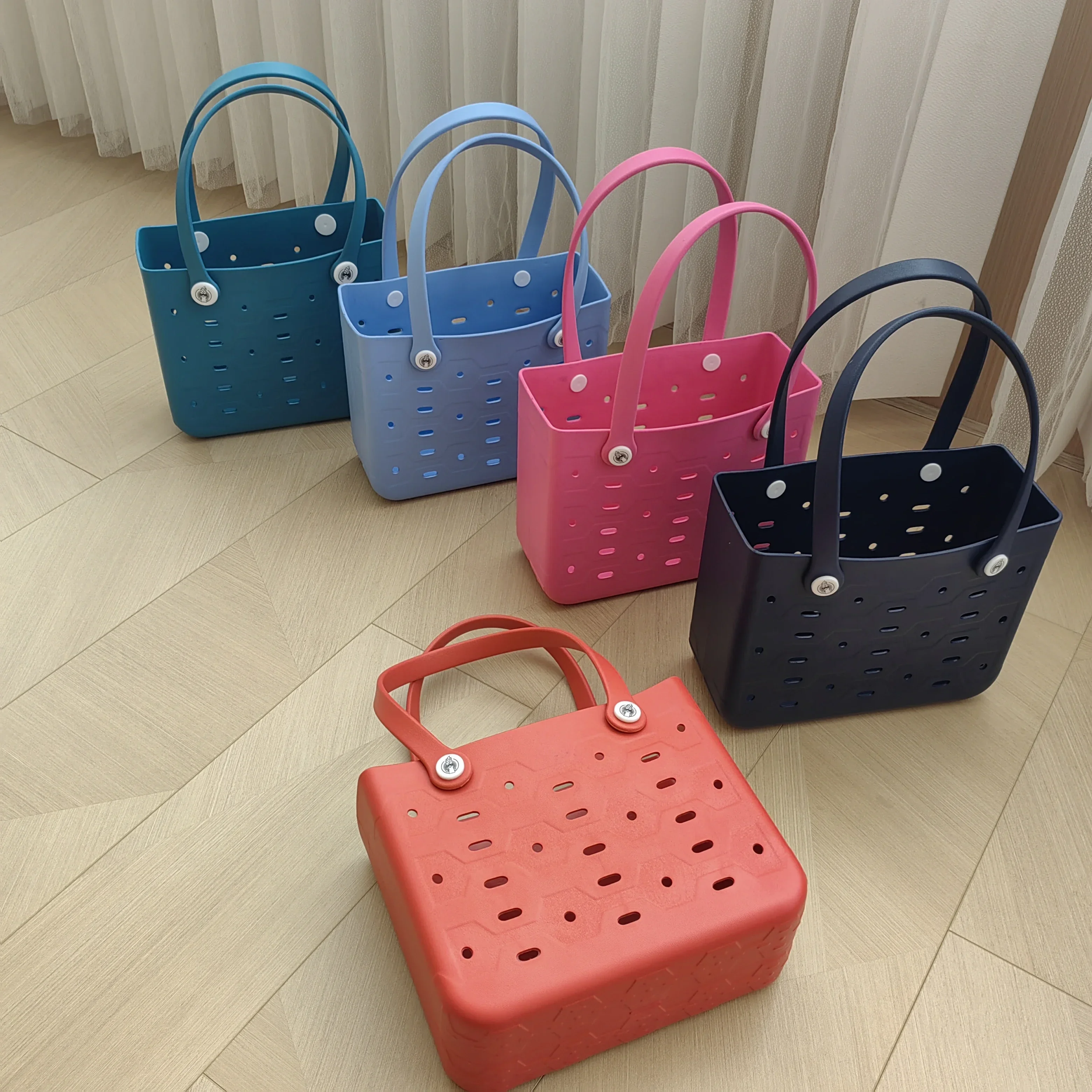 Large Waterproof EVA Punched Beach Tote Bag for Women, Casual Outdoor Travel Handbag with 5Pcs Random Cute Charms