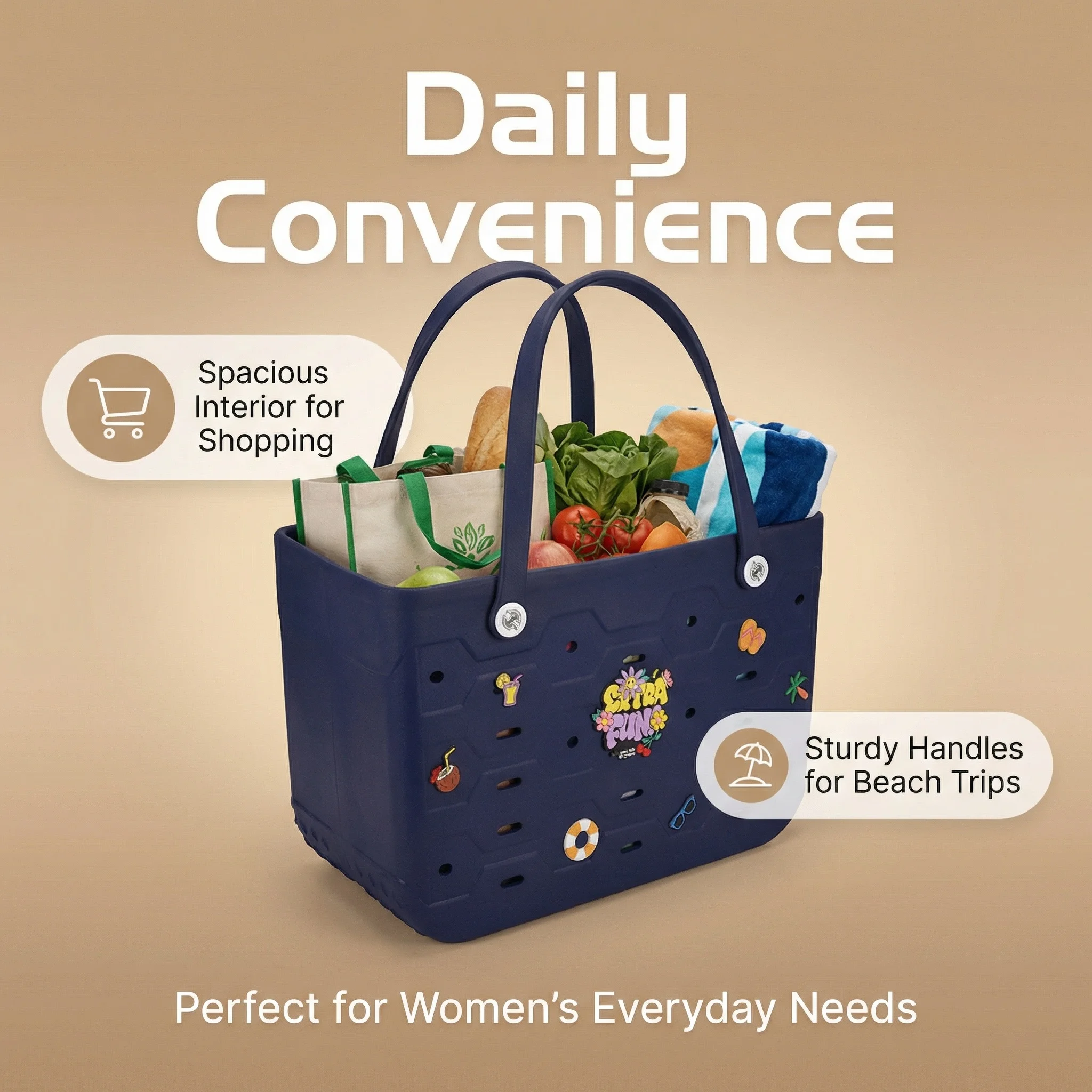 Large Waterproof EVA Punched Beach Tote Bag for Women, Casual Outdoor Travel Handbag with 5Pcs Random Cute Charms