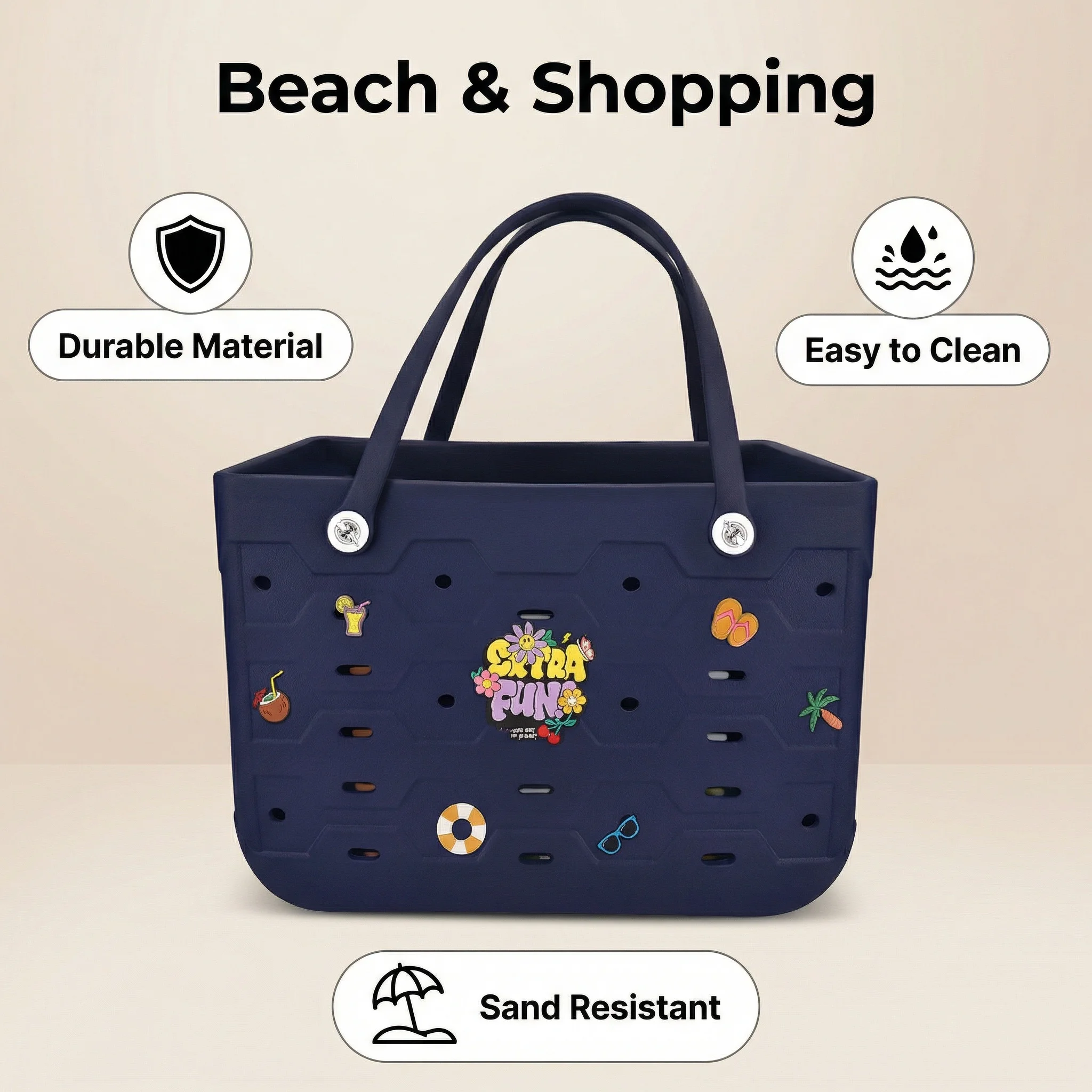 Large Waterproof EVA Punched Beach Tote Bag for Women, Casual Outdoor Travel Handbag with 5Pcs Random Cute Charms
