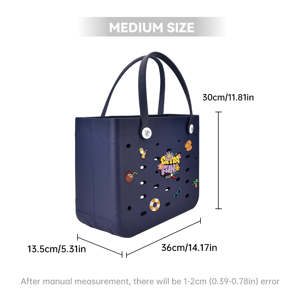Large Waterproof EVA Punched Beach Tote Bag for Women, Casual Outdoor Travel Handbag with 5Pcs Random Cute Charms