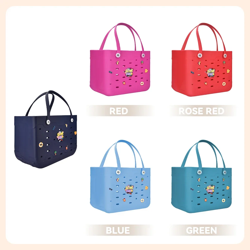 Large Waterproof EVA Punched Beach Tote Bag for Women, Casual Outdoor Travel Handbag with 5Pcs Random Cute Charms