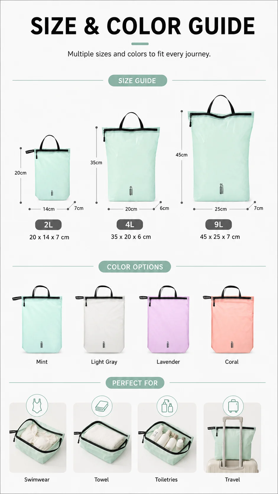 Waterproof Wet Dry Bag for Swimsuit Travel Beach Pool Gym Lightweight Nylon Zipper Organizer Shoe Toiletry Storage Pouch