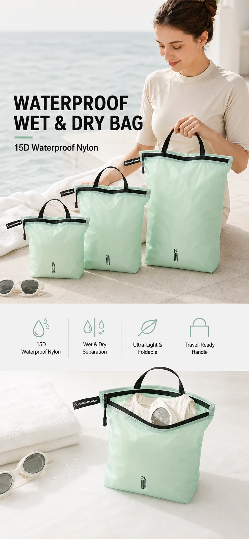 Waterproof Wet Dry Bag for Swimsuit Travel Beach Pool Gym Lightweight Nylon Zipper Organizer Shoe Toiletry Storage Pouch