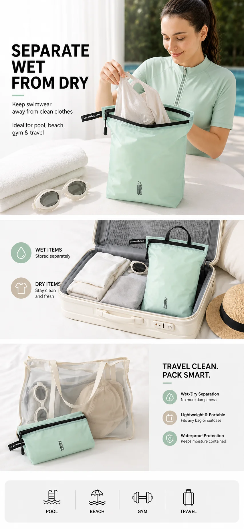 Waterproof Wet Dry Bag for Swimsuit Travel Beach Pool Gym Lightweight Nylon Zipper Organizer Shoe Toiletry Storage Pouch