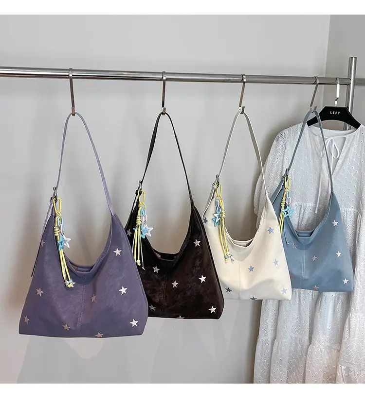 2026 New CEEKAY Star Embroidered Hobo Bag, Cute Shoulder Bag with Star Pendant, Large Capacity Tote for Women Handbag Tote Bag