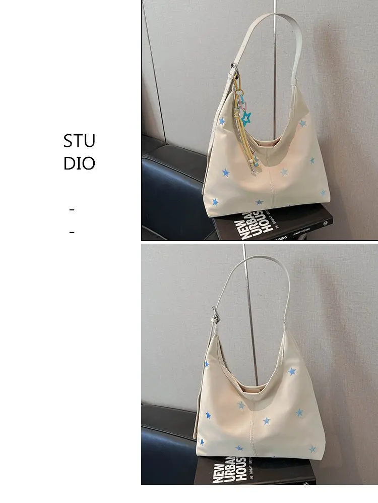 2026 New CEEKAY Star Embroidered Hobo Bag, Cute Shoulder Bag with Star Pendant, Large Capacity Tote for Women Handbag Tote Bag