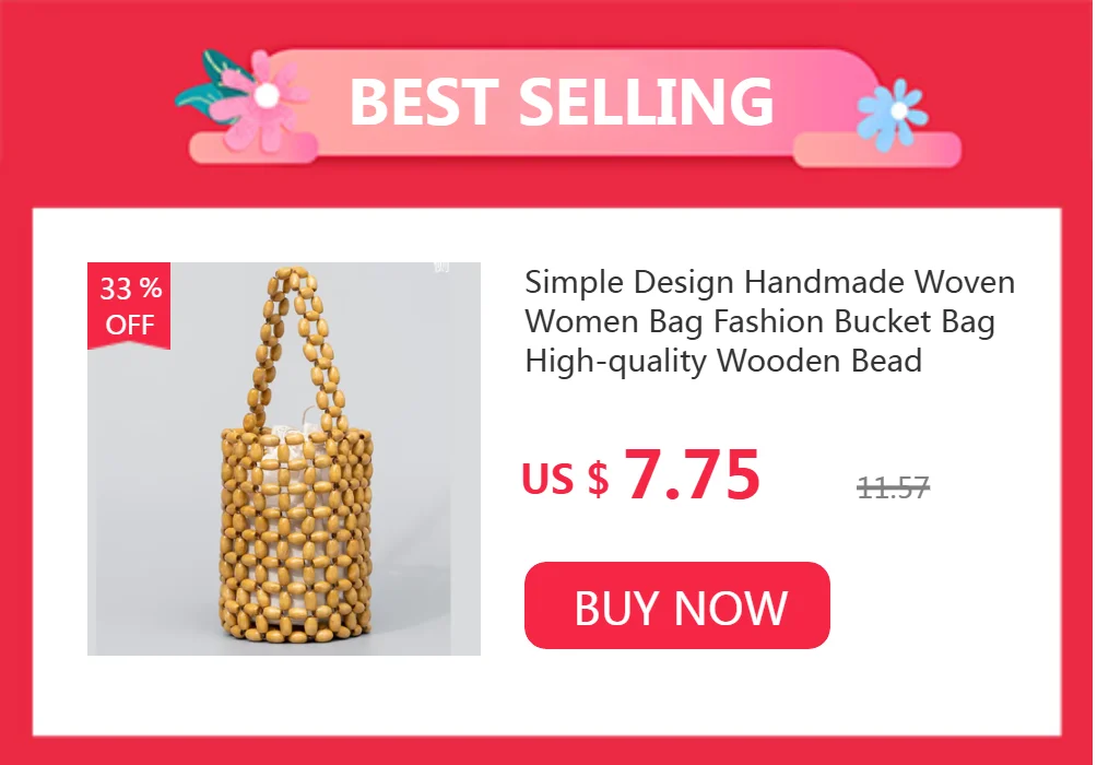 Women Woven Hand Bag Summer Design Hollow-out Wooden Bead Tote Bucket Shoulder Bag Female Reticulate Netted Canvas Beach Handbag