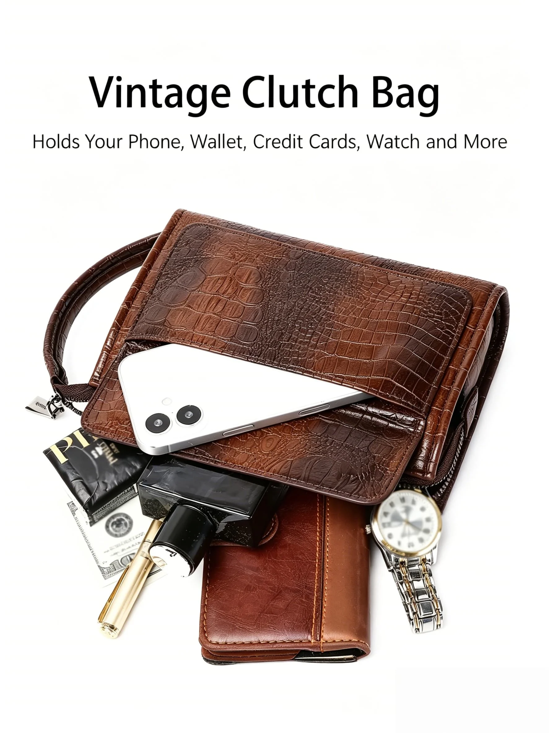Men's Large Capacity Clutch with Hidden Pocket, Men Long Wallet for Business Evening, Croc Embossed PU Leather