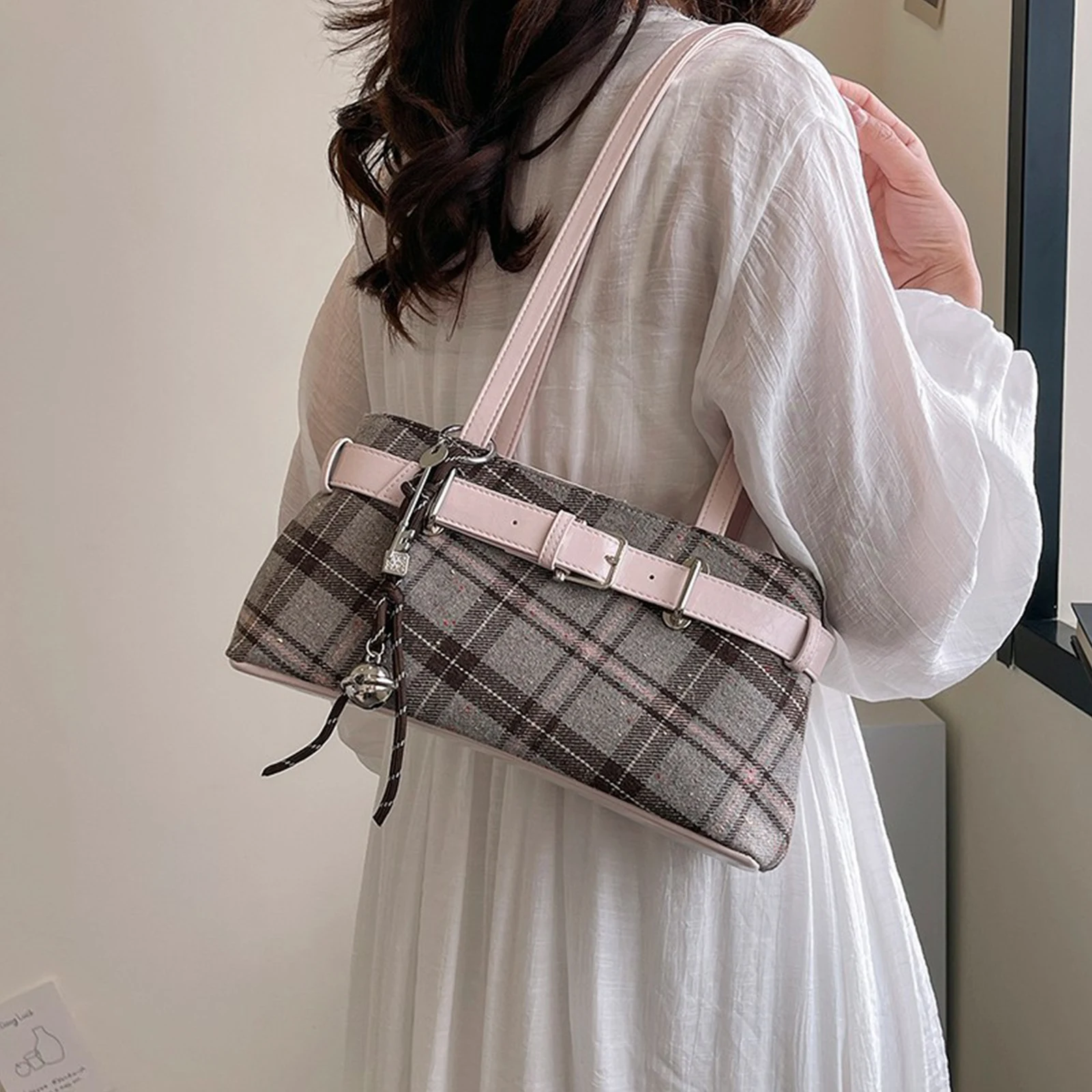 Girls Canvas Plaid Armpit Bag Fashion Checkerboard Grid Tote Handbag Vintage Shoulder Bag Retro Large Capacity Top-Handle Bags