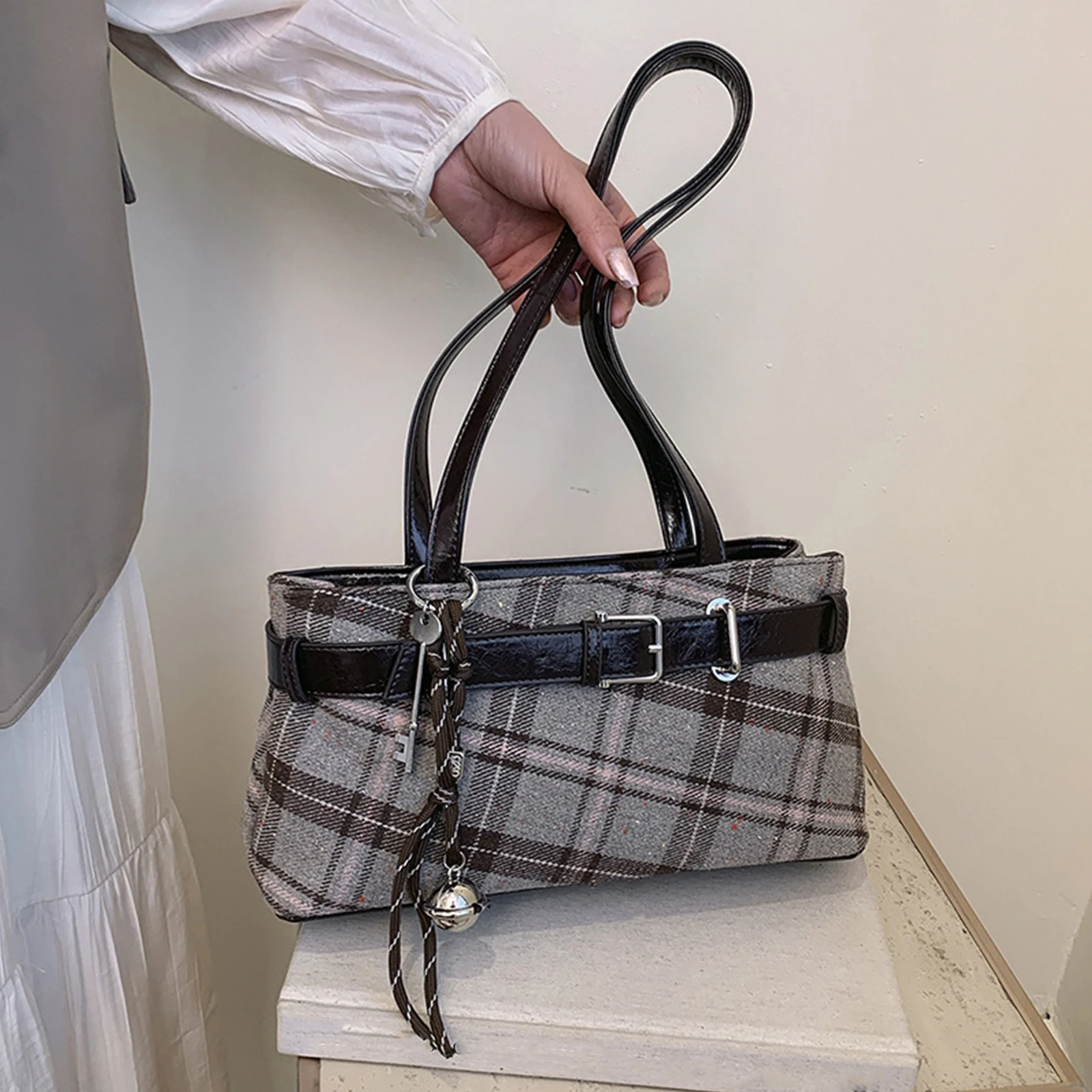 Girls Canvas Plaid Armpit Bag Fashion Checkerboard Grid Tote Handbag Vintage Shoulder Bag Retro Large Capacity Top-Handle Bags