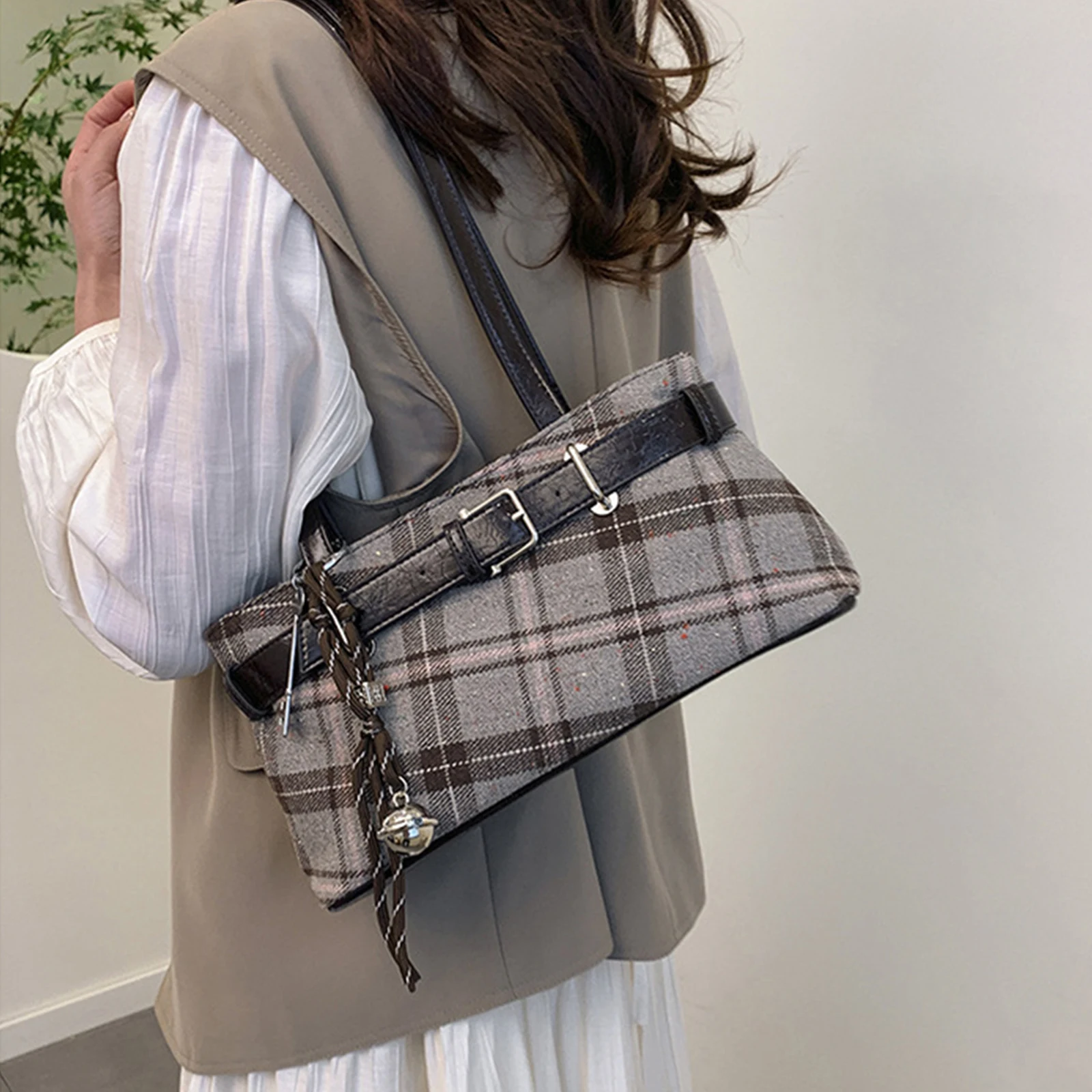 Girls Canvas Plaid Armpit Bag Fashion Checkerboard Grid Tote Handbag Vintage Shoulder Bag Retro Large Capacity Top-Handle Bags