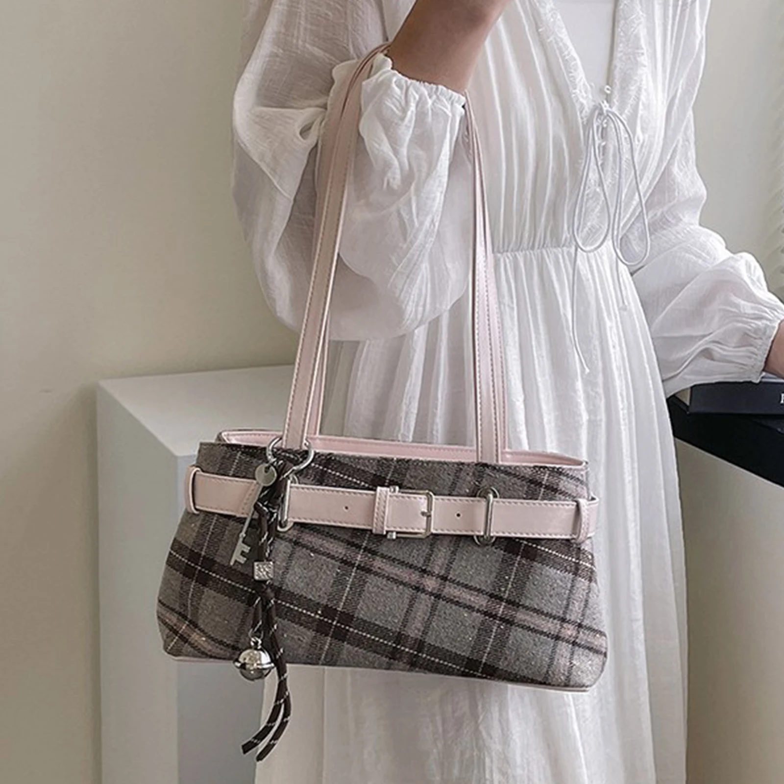 Girls Canvas Plaid Armpit Bag Fashion Checkerboard Grid Tote Handbag Vintage Shoulder Bag Retro Large Capacity Top-Handle Bags