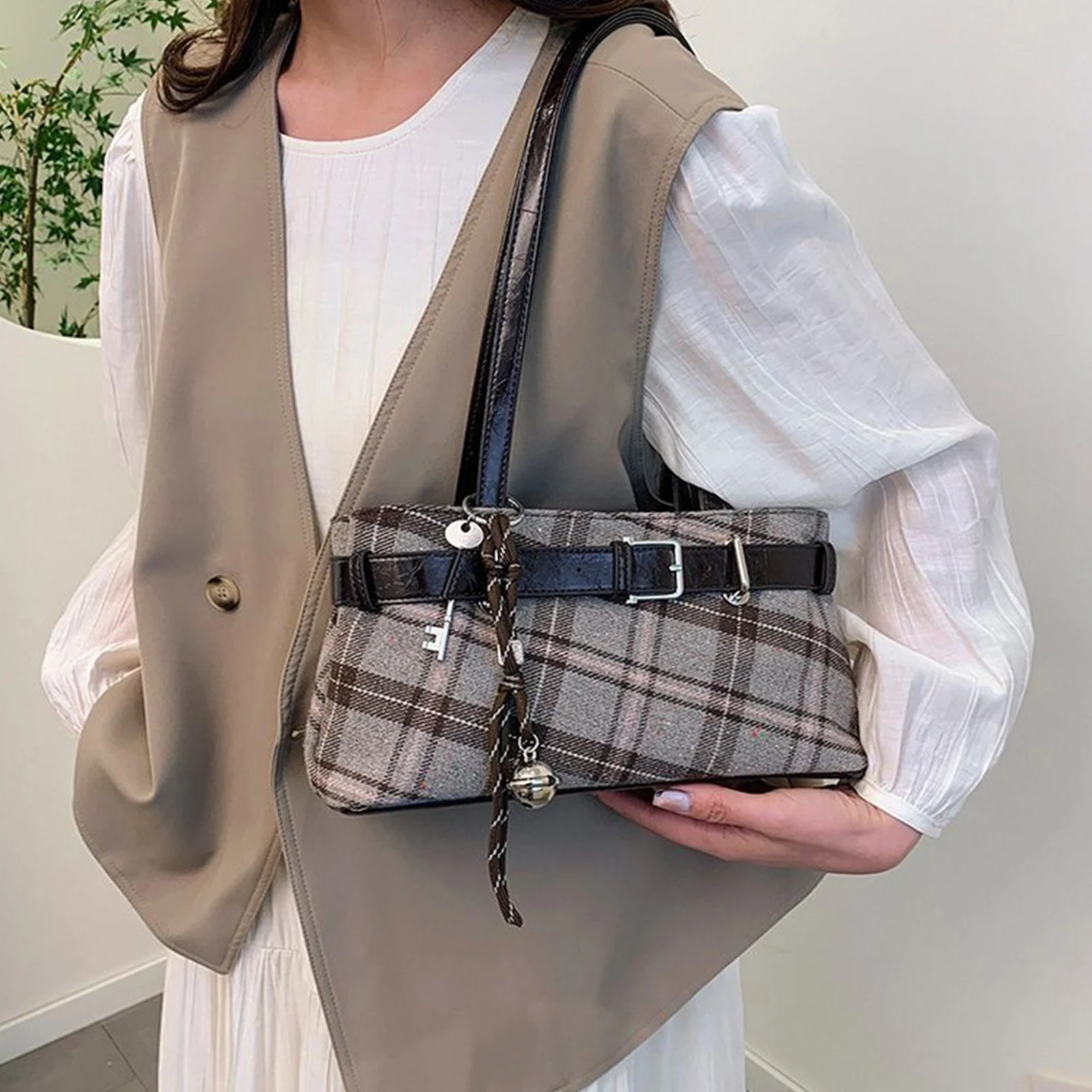 Girls Canvas Plaid Armpit Bag Fashion Checkerboard Grid Tote Handbag Vintage Shoulder Bag Retro Large Capacity Top-Handle Bags