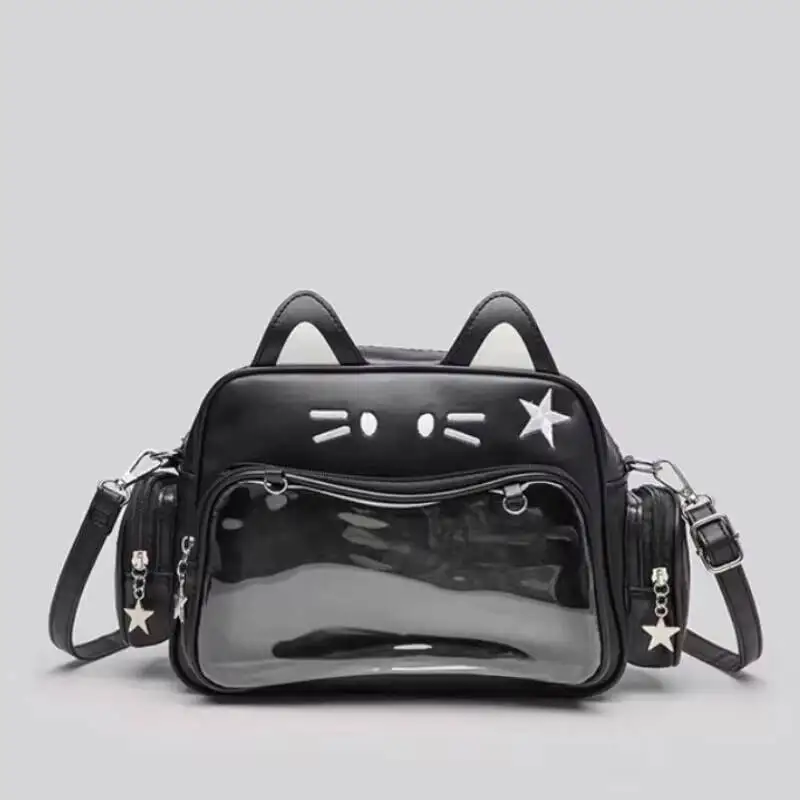 New Y2K Korean Kawaii Cat Ita Bag Cute PU Shoulder Bag Girls Transparent Pocket Harajuku Crossbody Bag Women's Fashion Backpacks