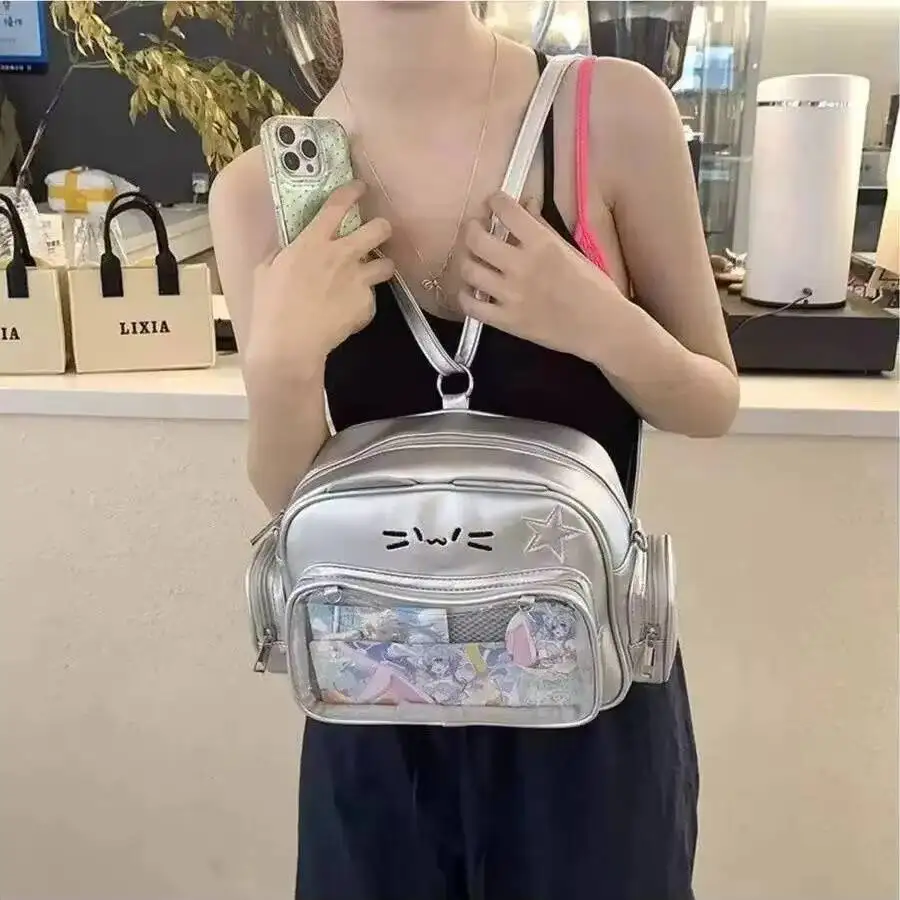 New Y2K Korean Kawaii Cat Ita Bag Cute PU Shoulder Bag Girls Transparent Pocket Harajuku Crossbody Bag Women's Fashion Backpacks
