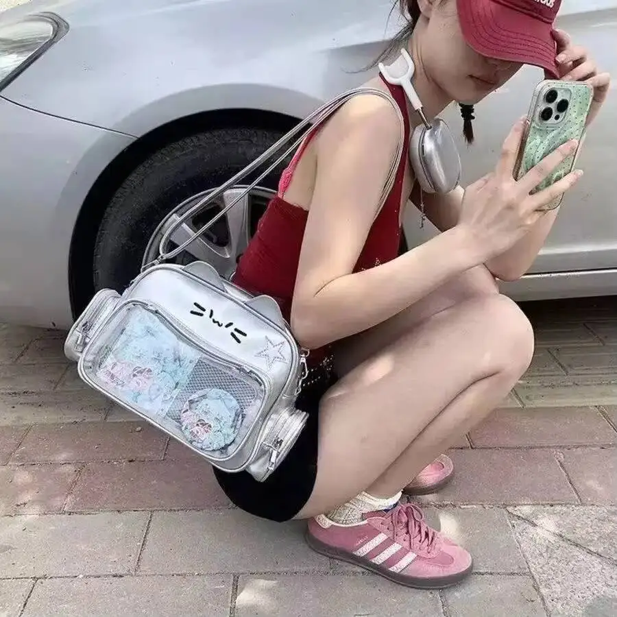 New Y2K Korean Kawaii Cat Ita Bag Cute PU Shoulder Bag Girls Transparent Pocket Harajuku Crossbody Bag Women's Fashion Backpacks