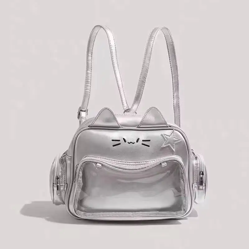 New Y2K Korean Kawaii Cat Ita Bag Cute PU Shoulder Bag Girls Transparent Pocket Harajuku Crossbody Bag Women's Fashion Backpacks