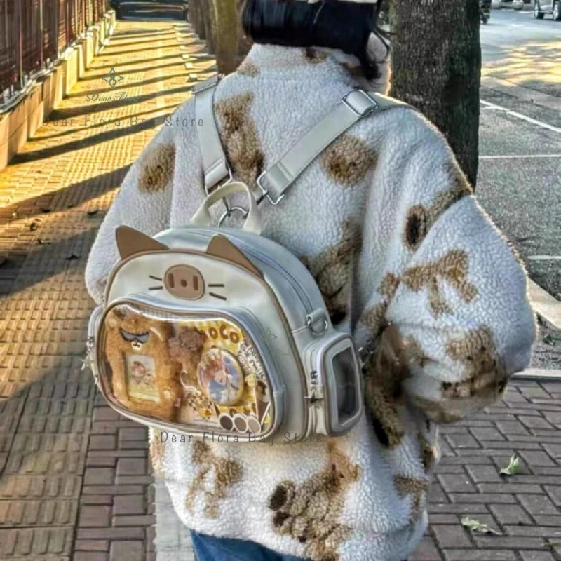 New Y2K Korean Kawaii Cat Ita Bag Cute PU Shoulder Bag Girls Transparent Pocket Harajuku Crossbody Bag Women's Fashion Backpacks