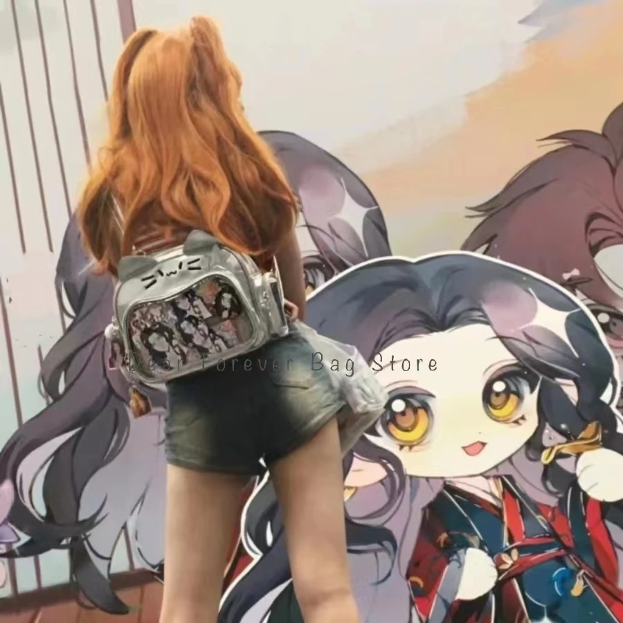 New Y2K Korean Kawaii Cat Ita Bag Cute PU Shoulder Bag Girls Transparent Pocket Harajuku Crossbody Bag Women's Fashion Backpacks