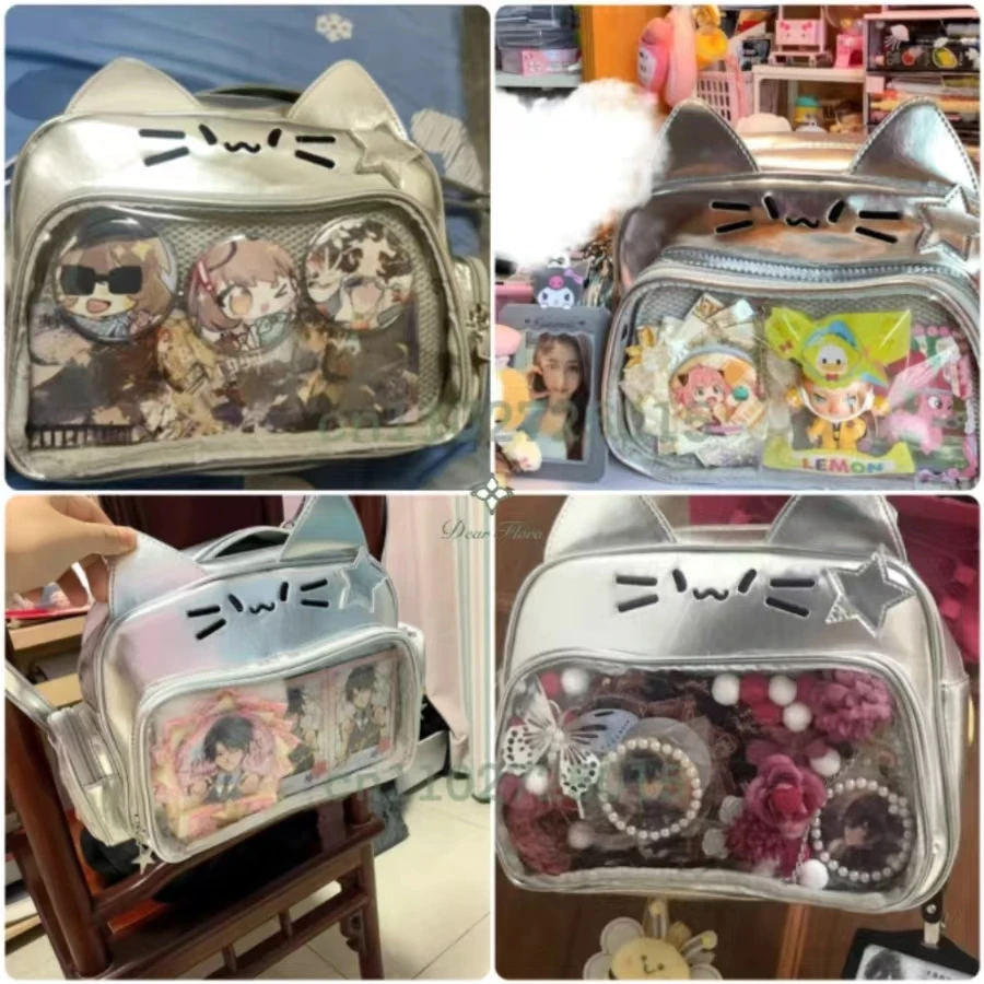 New Y2K Korean Kawaii Cat Ita Bag Cute PU Shoulder Bag Girls Transparent Pocket Harajuku Crossbody Bag Women's Fashion Backpacks