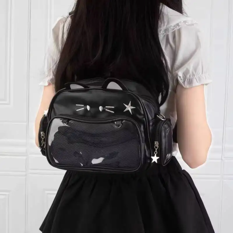 New Y2K Korean Kawaii Cat Ita Bag Cute PU Shoulder Bag Girls Transparent Pocket Harajuku Crossbody Bag Women's Fashion Backpacks