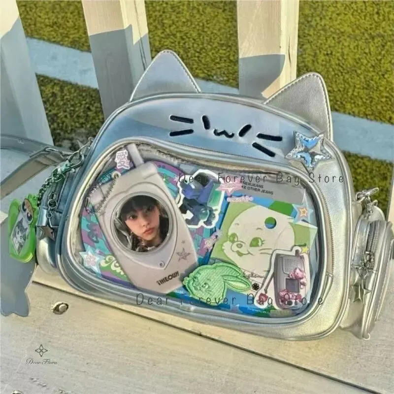 New Y2K Korean Kawaii Cat Ita Bag Cute PU Shoulder Bag Girls Transparent Pocket Harajuku Crossbody Bag Women's Fashion Backpacks