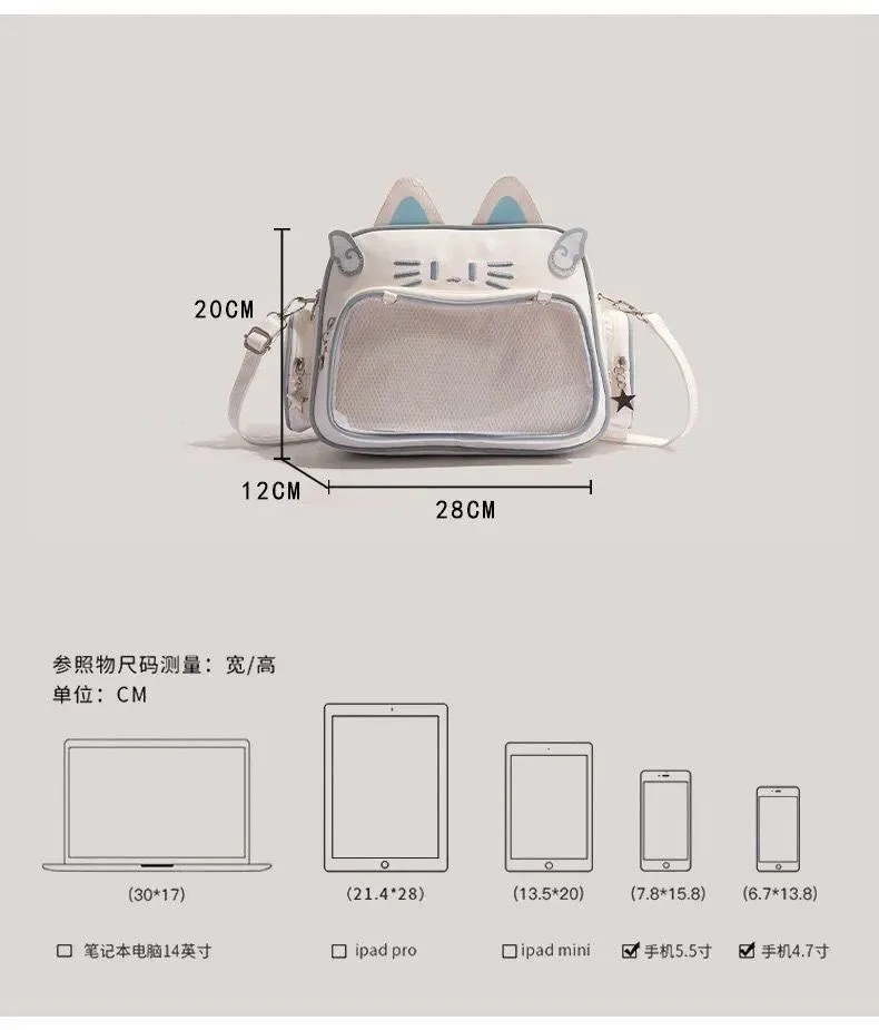 New Y2K Korean Kawaii Cat Ita Bag Cute PU Shoulder Bag Girls Transparent Pocket Harajuku Crossbody Bag Women's Fashion Backpacks