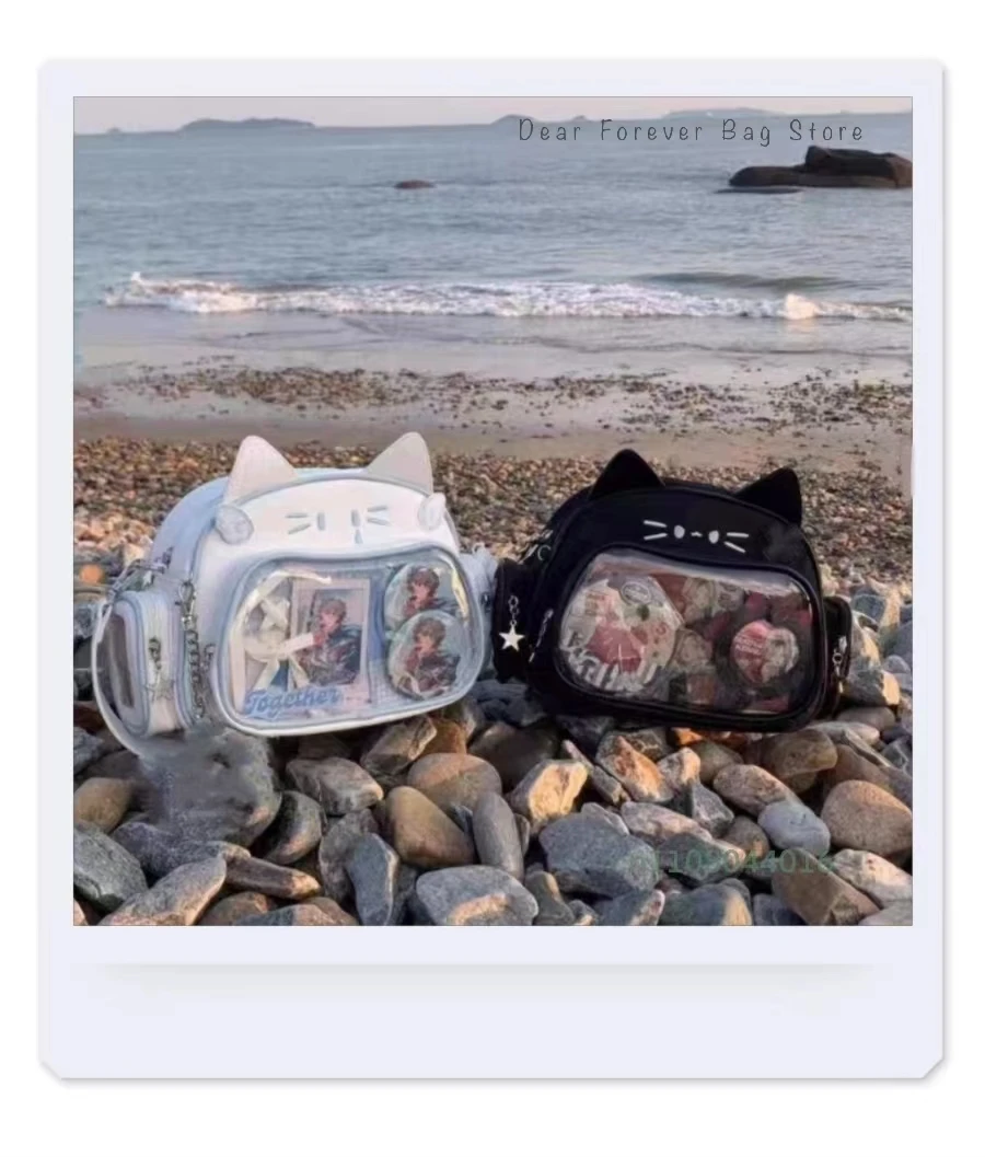 New Y2K Korean Kawaii Cat Ita Bag Cute PU Shoulder Bag Girls Transparent Pocket Harajuku Crossbody Bag Women's Fashion Backpacks