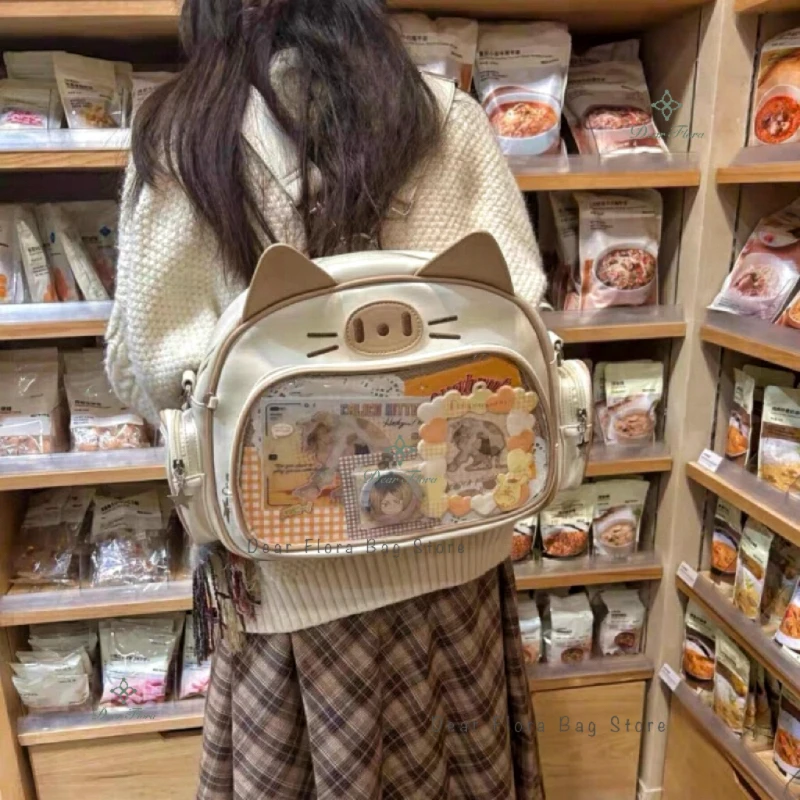 New Y2K Korean Kawaii Cat Ita Bag Cute PU Shoulder Bag Girls Transparent Pocket Harajuku Crossbody Bag Women's Fashion Backpacks