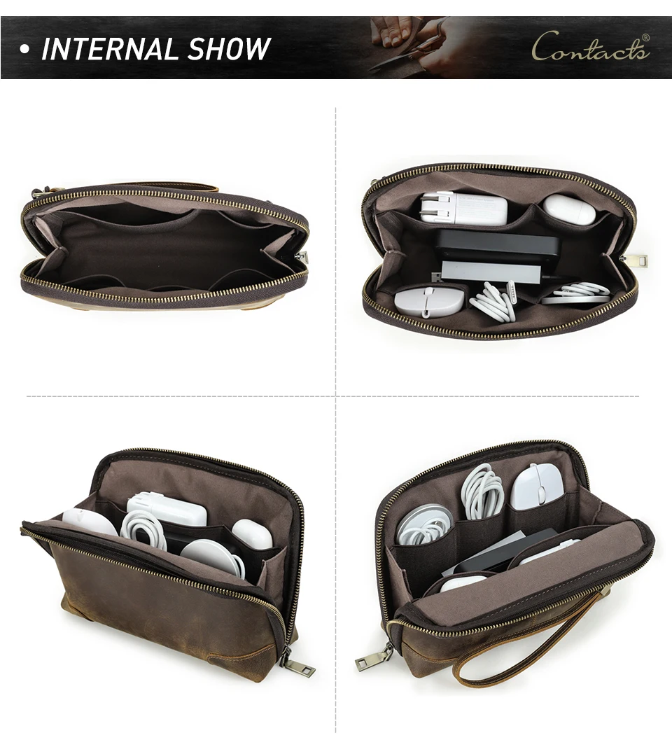 CONTACT'S Men Travel Clutch Bag Genuine Leather Clutch Wallet Handbag Purse Casual Charge Cable Organizer Storage Bag