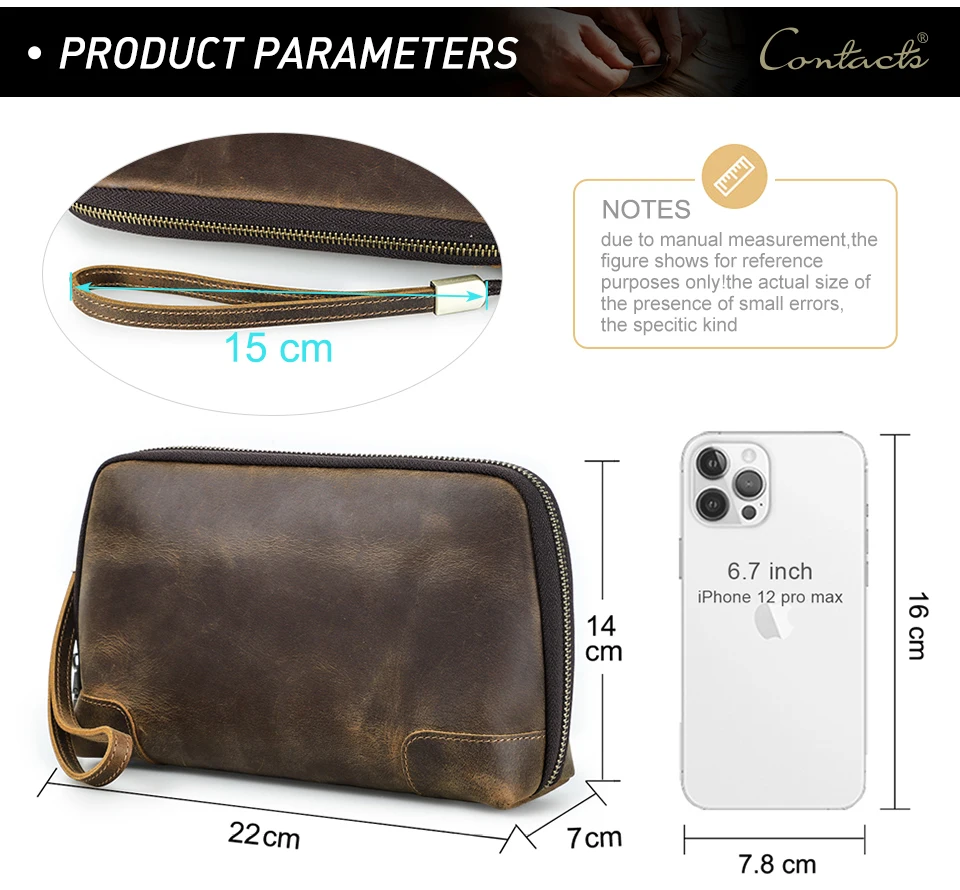 CONTACT'S Men Travel Clutch Bag Genuine Leather Clutch Wallet Handbag Purse Casual Charge Cable Organizer Storage Bag