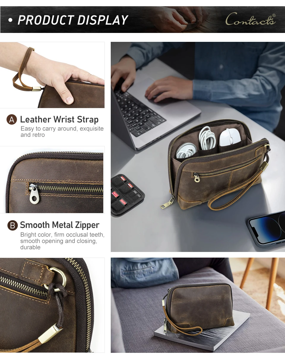 CONTACT'S Men Travel Clutch Bag Genuine Leather Clutch Wallet Handbag Purse Casual Charge Cable Organizer Storage Bag