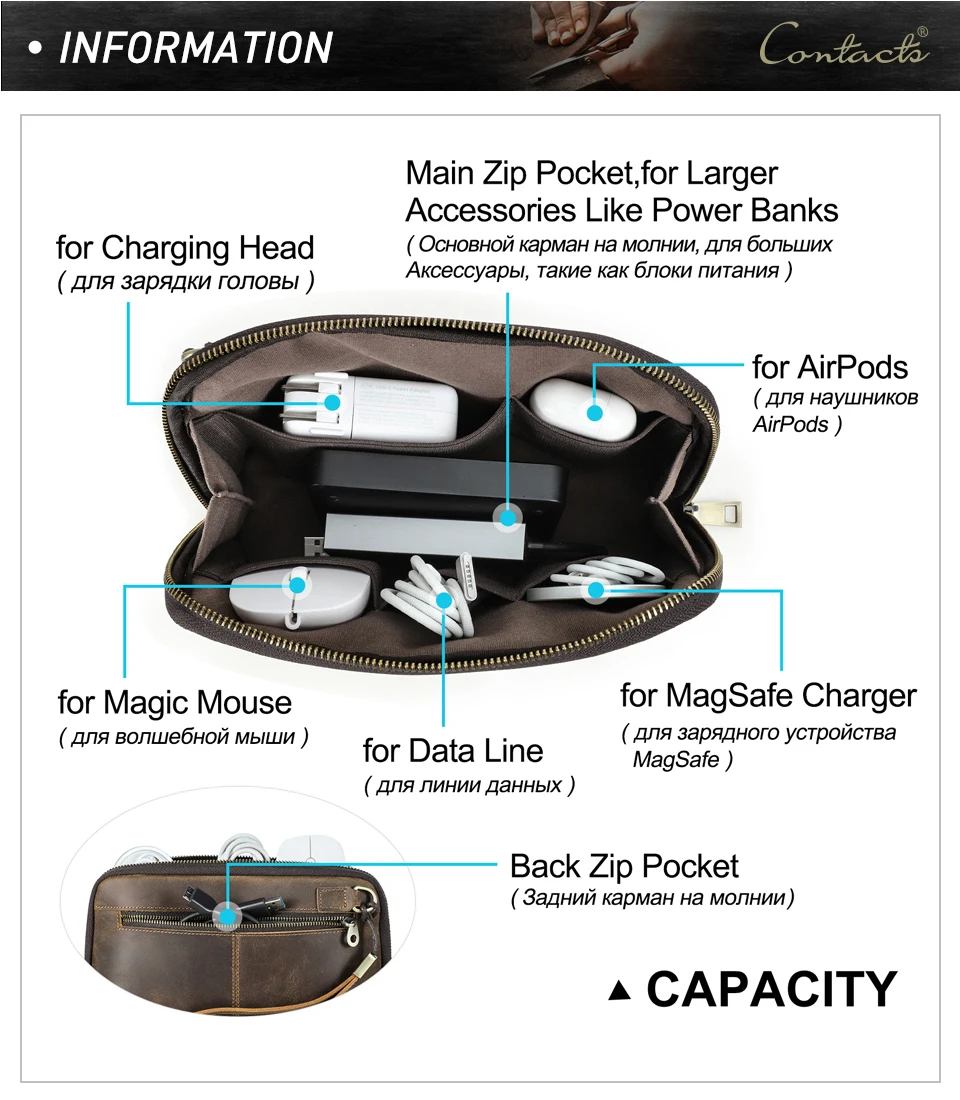 CONTACT'S Men Travel Clutch Bag Genuine Leather Clutch Wallet Handbag Purse Casual Charge Cable Organizer Storage Bag