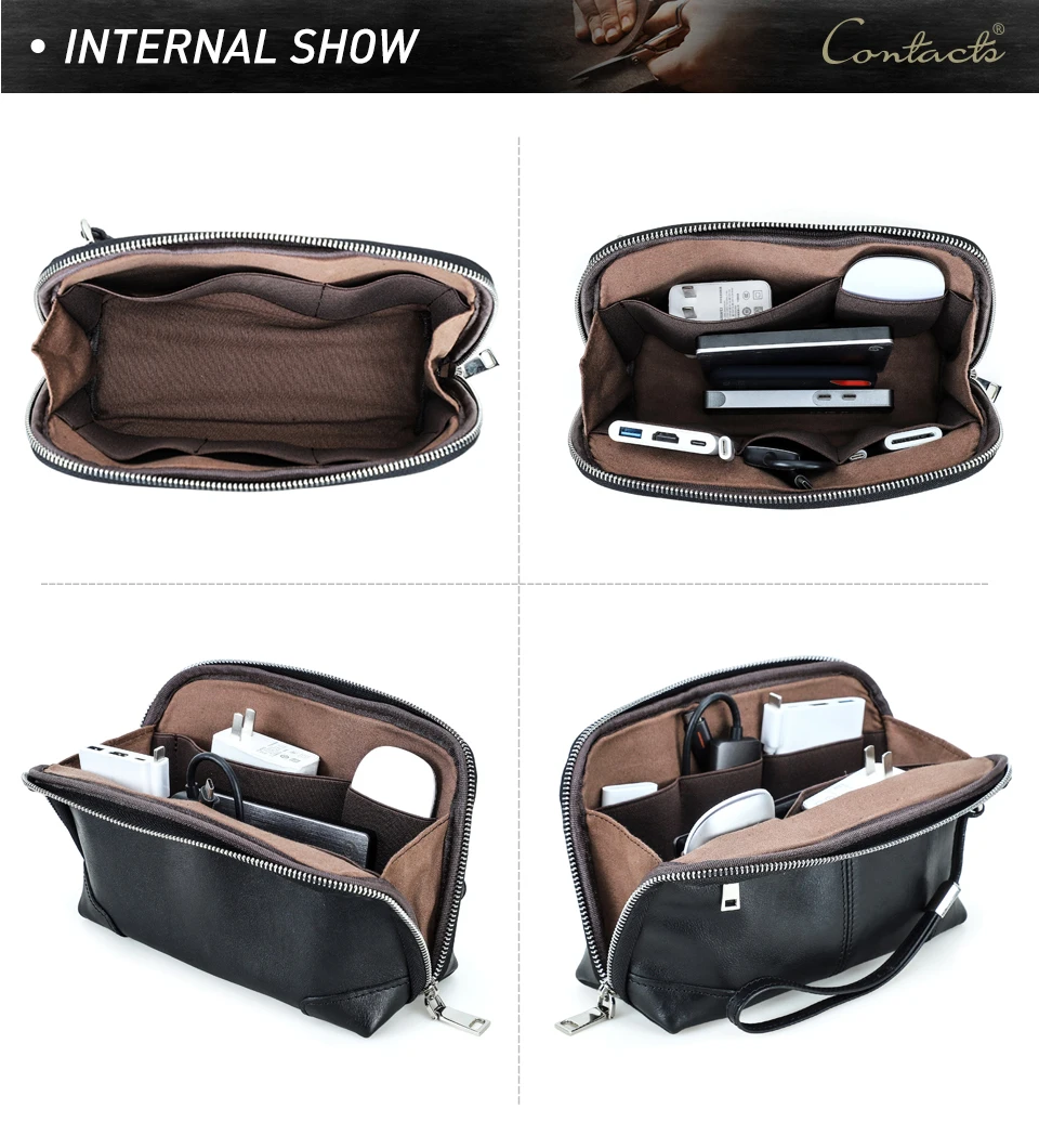 CONTACT'S Men Travel Clutch Bag Genuine Leather Clutch Wallet Handbag Purse Casual Charge Cable Organizer Storage Bag