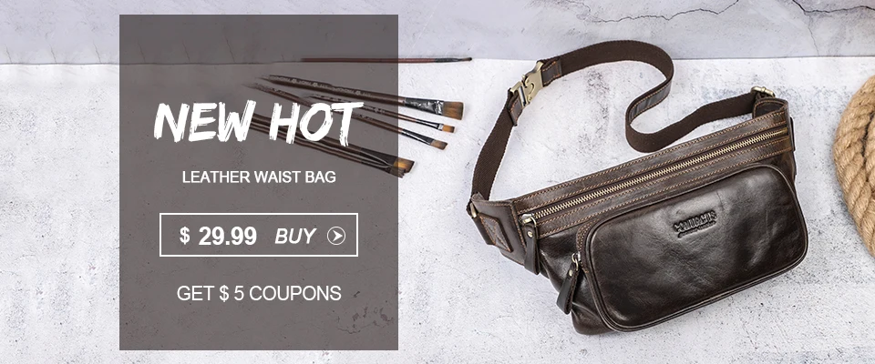 CONTACT'S Genuine Crazy Horse Leather Waist Packs For Men Travel Fanny Pack Single Shoulder Bag for Phone Male Chest Bags 2023