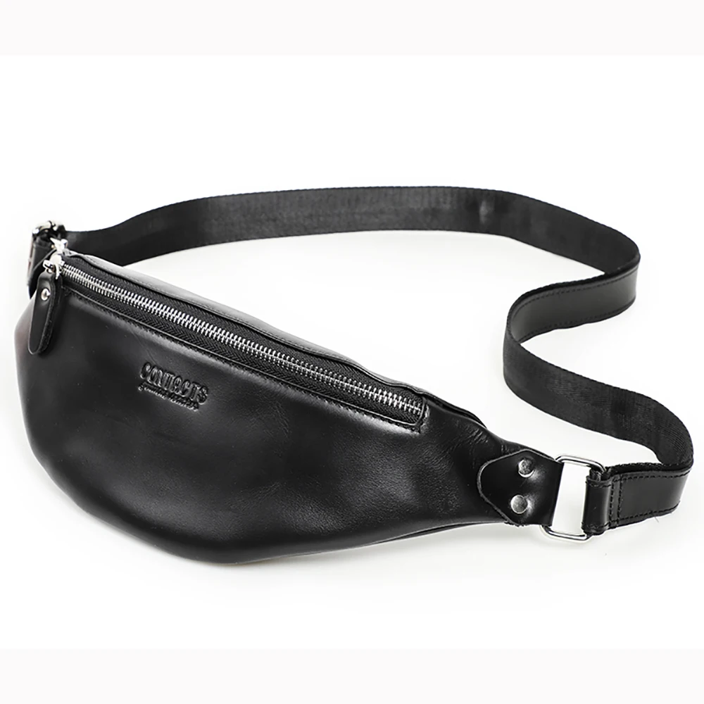 CONTACT'S Genuine Crazy Horse Leather Waist Packs For Men Travel Fanny Pack Single Shoulder Bag for Phone Male Chest Bags 2023