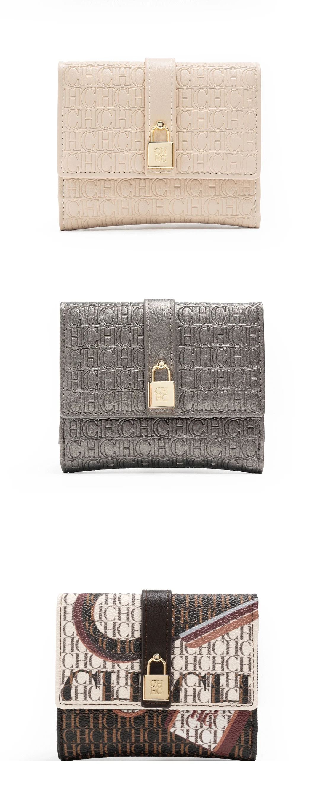 CH Women Short Wallet Vintage Printed Coin Purse Small Leather Wallet Card Holder Foldable Clutch Purse with Lock Buckle