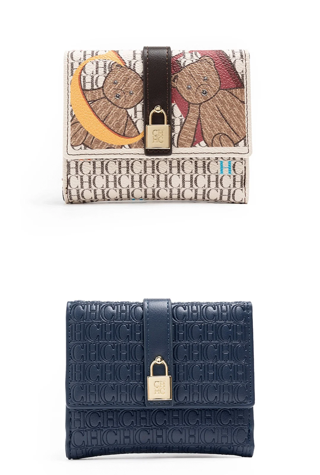 CH Women Short Wallet Vintage Printed Coin Purse Small Leather Wallet Card Holder Foldable Clutch Purse with Lock Buckle