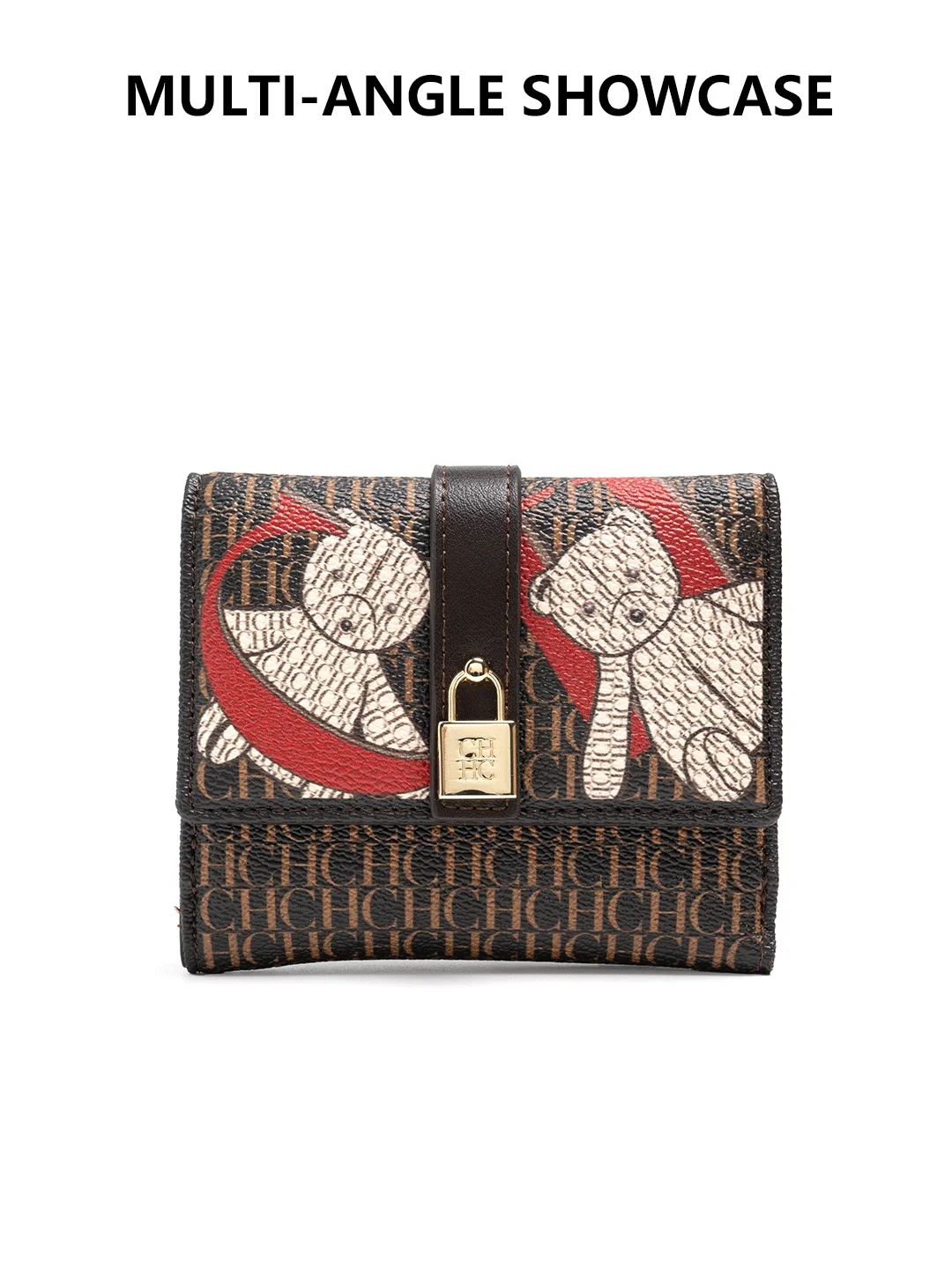 CH Women Short Wallet Vintage Printed Coin Purse Small Leather Wallet Card Holder Foldable Clutch Purse with Lock Buckle
