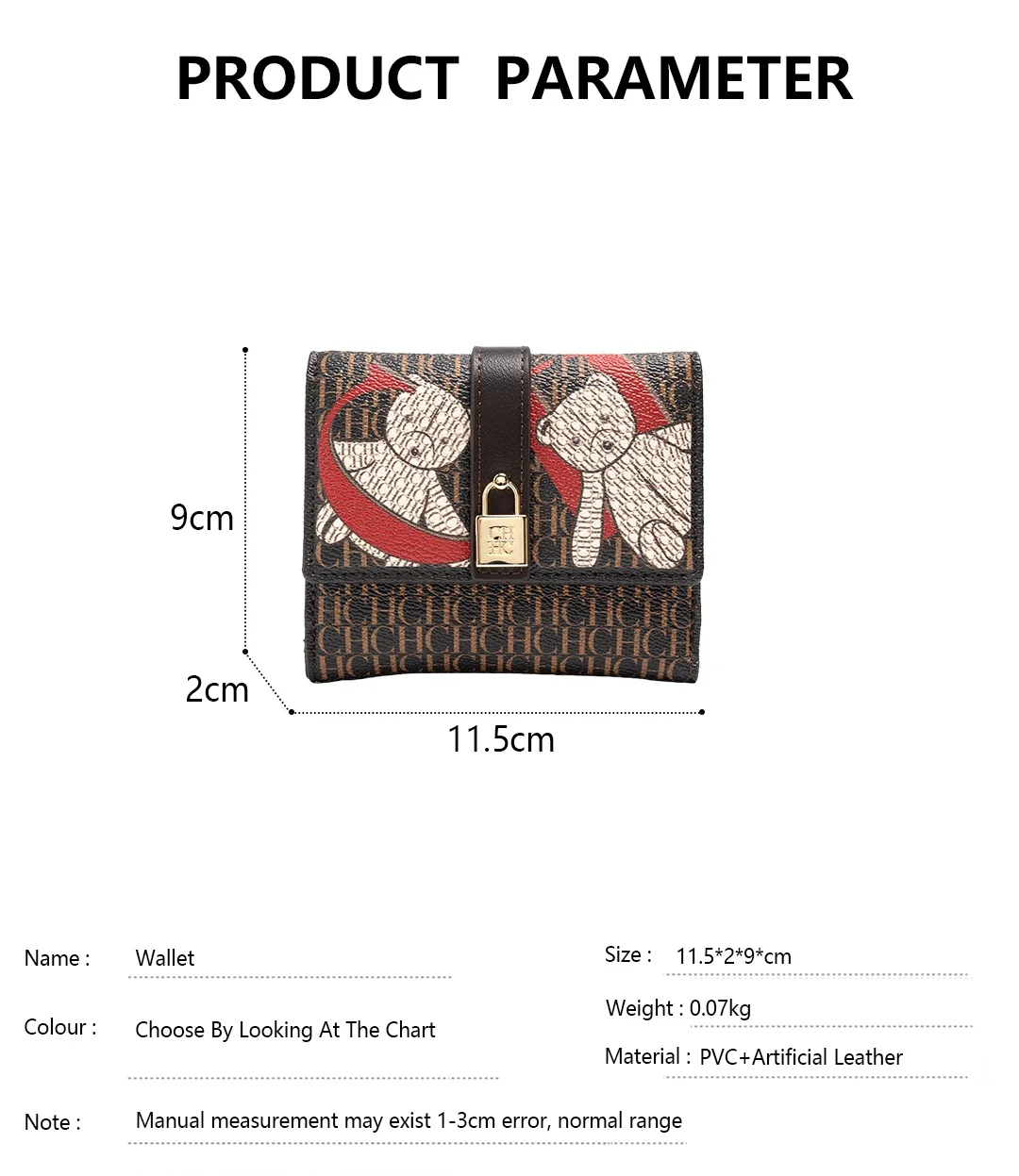CH Women Short Wallet Vintage Printed Coin Purse Small Leather Wallet Card Holder Foldable Clutch Purse with Lock Buckle