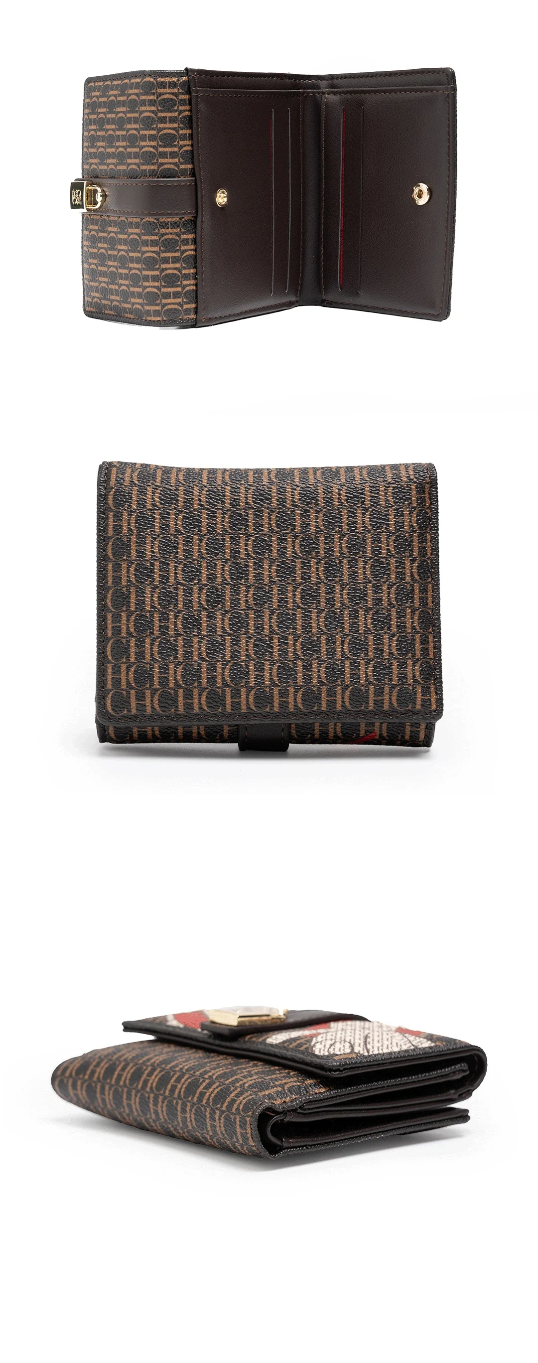 CH Women Short Wallet Vintage Printed Coin Purse Small Leather Wallet Card Holder Foldable Clutch Purse with Lock Buckle