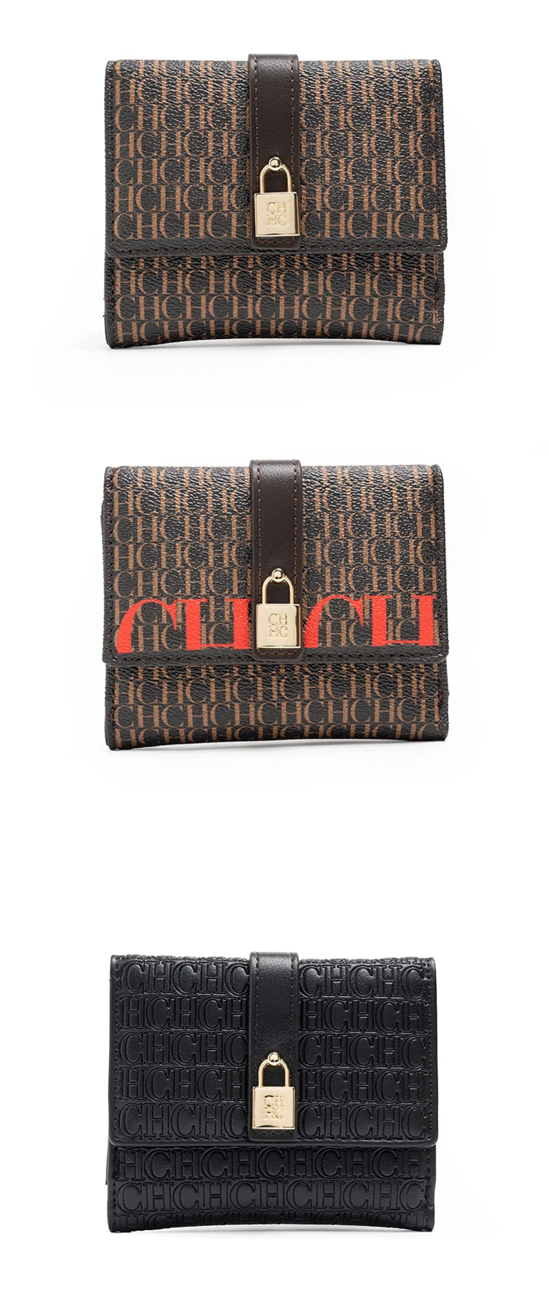 CH Women Short Wallet Vintage Printed Coin Purse Small Leather Wallet Card Holder Foldable Clutch Purse with Lock Buckle